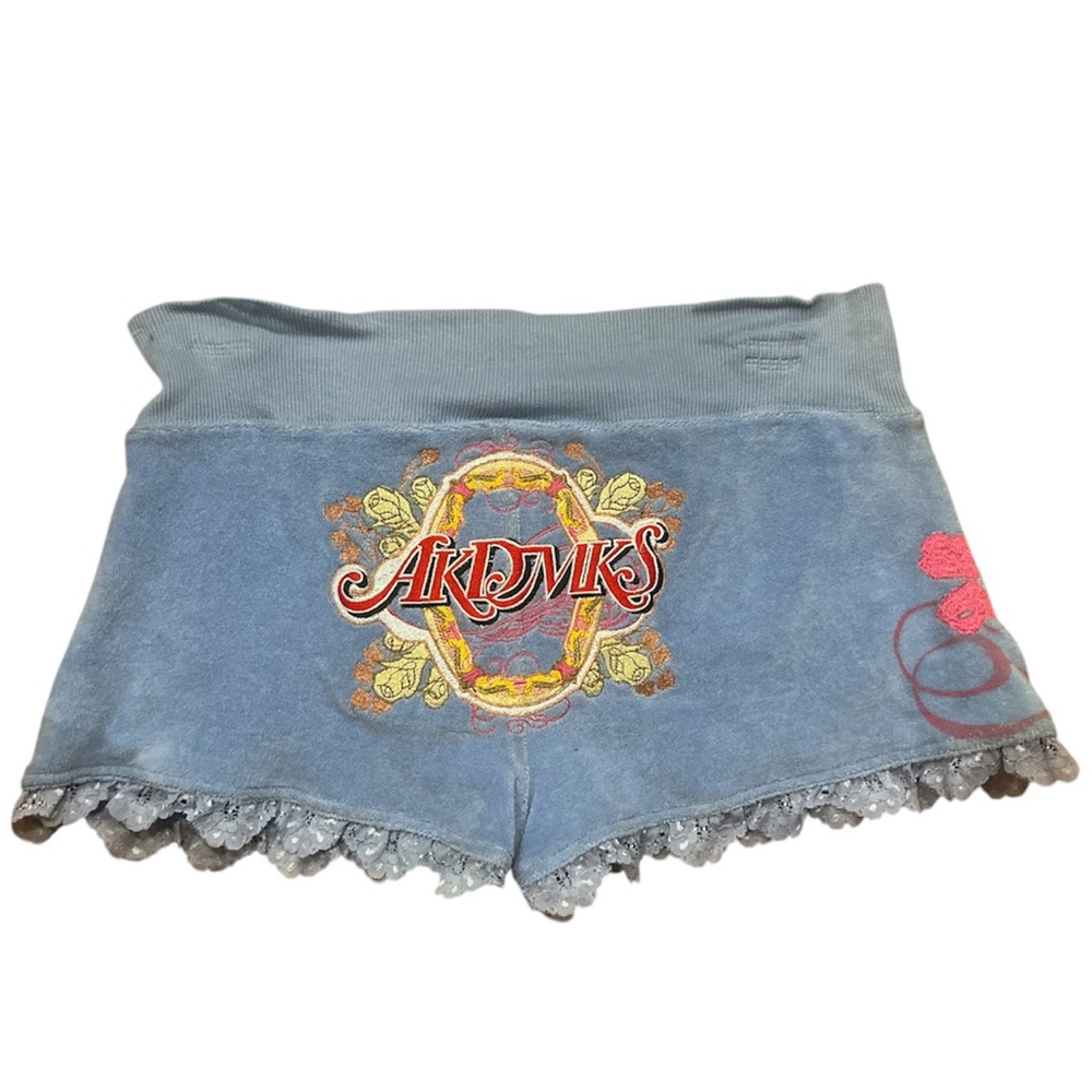 SOLD Blue cotton stretchy Y2K akademiks short with grunge lace and silver l